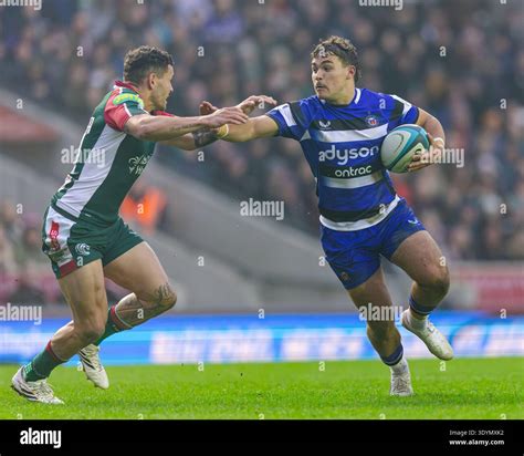 Leicester, England, UK, 8 March 2026 Will Roue of Bath Rugby fends off ...