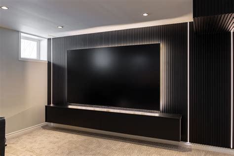 Matte Black Slat Wall TV Feature Wall in Vaughan | Modern Media Wall I ...