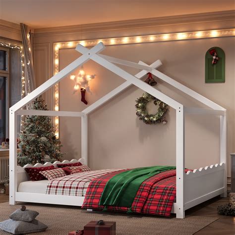 LHYY Queen House Floor Bed with Support Slats,Solid Wood House Bed ...