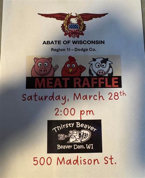 Abate of Wisconsin MEAT RAFFLE, 500 Madison St, Beaver Dam, WI, 28 ...