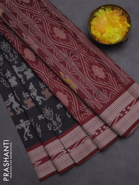 Semi sambalpuri silk saree black and deep maroon with allover warli ik ...