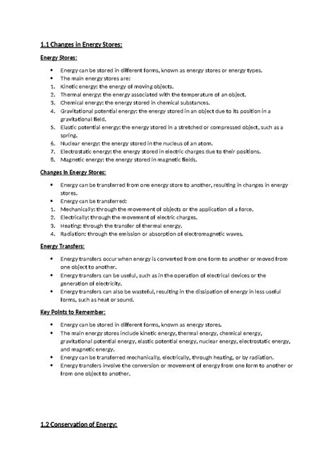 P1 - Energy Stores and Transfers: GCSE Physics AQA Notes - Studocu