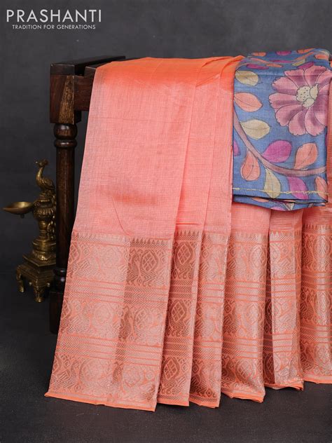 Mangalgiri silk cotton saree peach orange and blue with plain body and ...