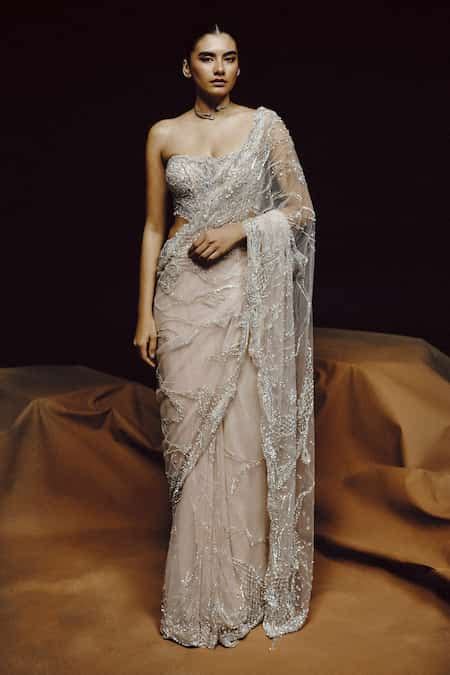 Buy Pink Tulle, Net Beads, Embroidery, Zari, Sequins Sweetheart Moonlit ...