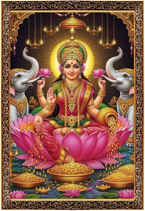 Lakshmi Ji Photo Frame with Lotus & Gold Coins | 8x10 Inch Hindu ...