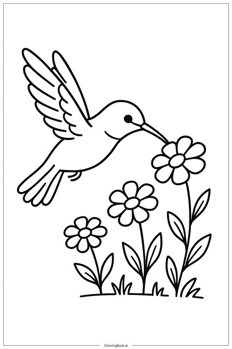 Hummingbird Visiting Flower Patch Coloring Page (Free PDF&PNG Printable)