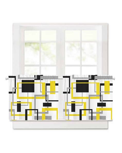 Abstract Lines Short Blackout Curtains 24 Inch Long Black Yellow Geometric Square Frame Rod ...