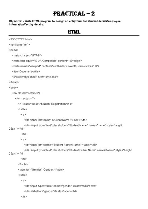 Practical-2 - Work Hard - Practical – 2 Objective: - Write HTML program ...
