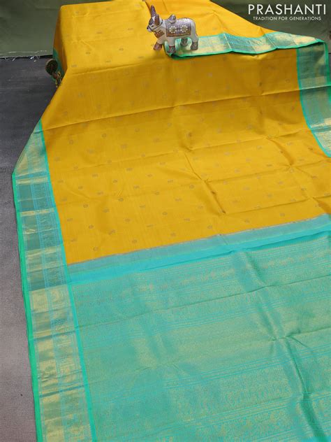Pure kanchipuram silk saree mustard yellow and green with zari woven b ...