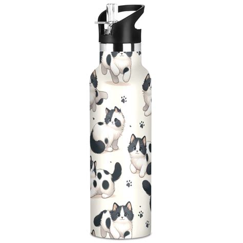 ALAZA Cute Cat Footprint Pattern Stainless Steel Water Bottle Vacuum Insulated Leak-Proof ...