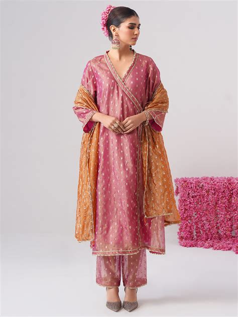 Pink Hand Embroidered Crushed Tissue Silk Suit - Set of 3