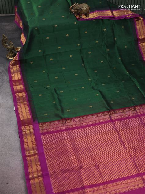 Silk cotton saree green and purple with zari woven buttas and temple d ...
