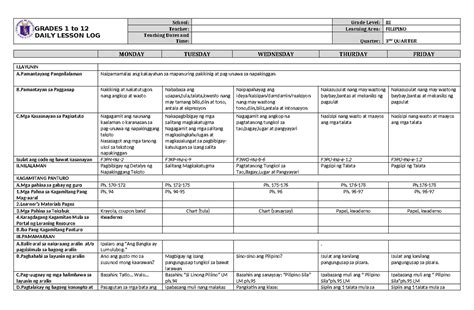 Daily Lesson Log for Grades 1-12: Filipino 3rd Quarter (IM-4) - Studocu