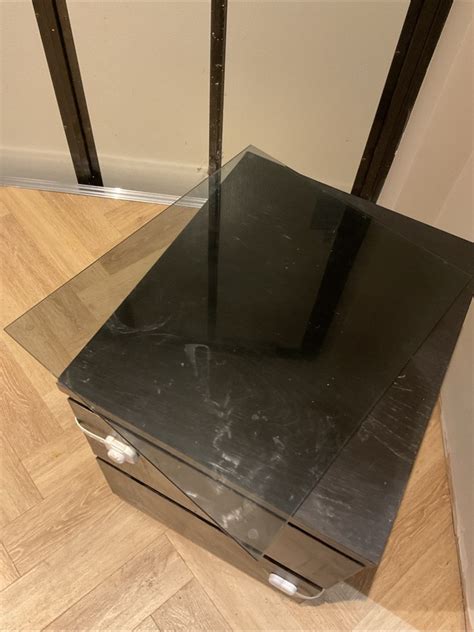 Used Black Ikea Side Table With Glass Top Cover. 2 Drawers | eBay UK