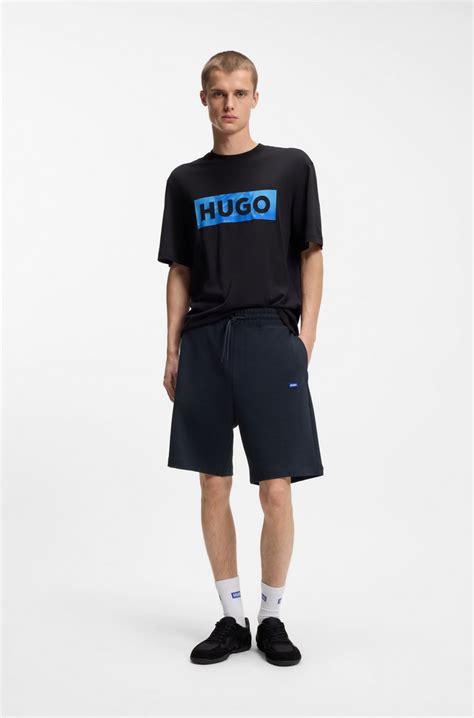 HUGO - Cotton-terry shorts with logo patch - Dark Blue