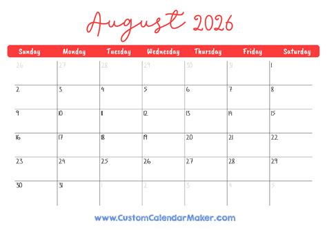 Printable Monthly Calendar August 2026 - Free Printable Templates