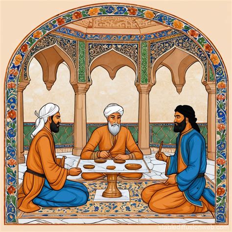 exchanging tools and tracing sheets in a caravanserai courtyard Prompts ...