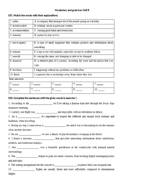 Vocabulary and grammer Unit 8 - English - EX2: Complete the sentences ...