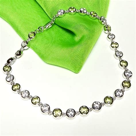 Green real peridot and cubic zirconia round sterling silver bracelet ...
