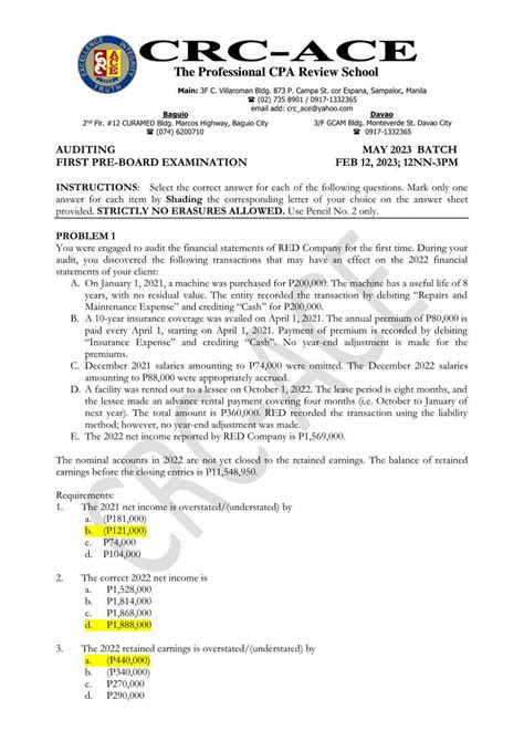 CRC - Auditing May 2023 Preboard Examination Questions - Studocu