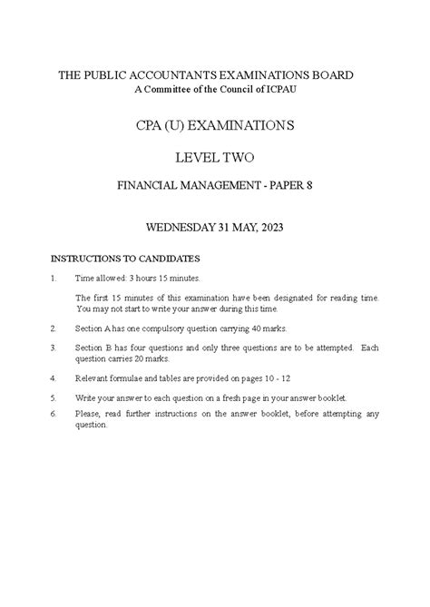 CPA (U) EXAMINATIONS LEVEL TWO: FINANCIAL MANAGEMENT PAPER 8 - 2023 ...