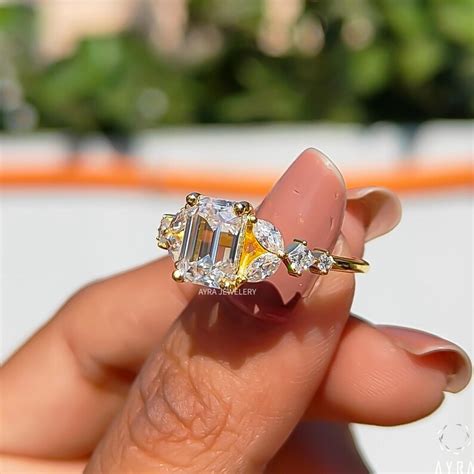Buy 1.70 CT Emerald Cut Moissanite Engagement Ring | 14K Gold Cluster ...