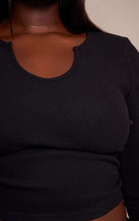 Plus Black Soft Rib Round Neck Long Sleeve Top | Plus Size | PLT