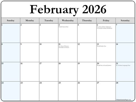 February 2026 Calendar - Free Printable With Holidays And Observances - One For All