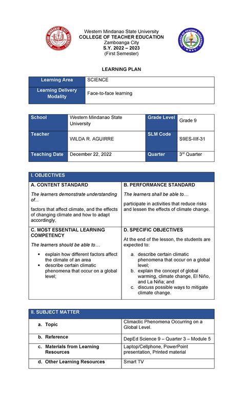 WMSU Grade 9 Science Learning Plan: Climate Change & Phenomena - Studocu