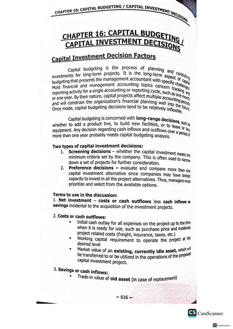 CHAPTER 16: CAPITAL BUDGETING & INVESTMENT DECISIONS (MAS) - Studocu