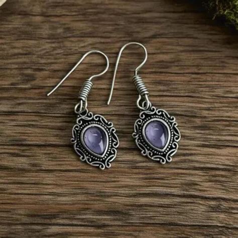 Buy Amethyst Earrings Purple Pear Shape Silver Alloy Antique Finish ...