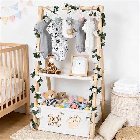 Wooden Double-Layer Baby Crate with Hangers, Foldable Nursery Storage, Baby Shower Gift ...