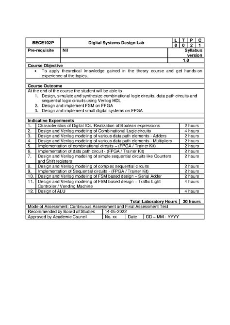 BECE102P Digital Systems Design Lab Syllabus Version 1.0 - Studocu