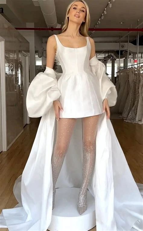 2 Pieces Satin Mini Bride Dress For Wedding Long Sleeves Wrap Formal B