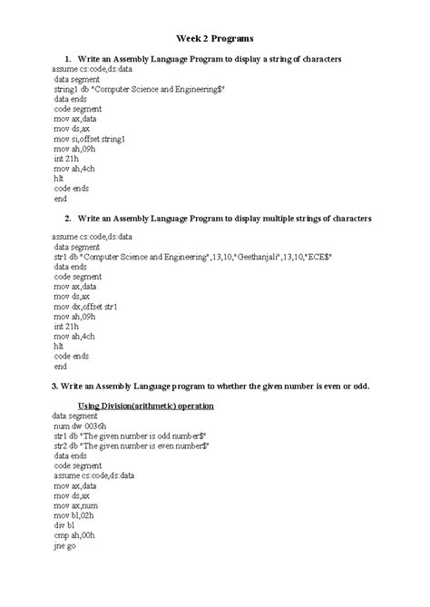 ALP Programs (CS:CODE, DS:DATA) - Weeks 2 to 4 - Studocu