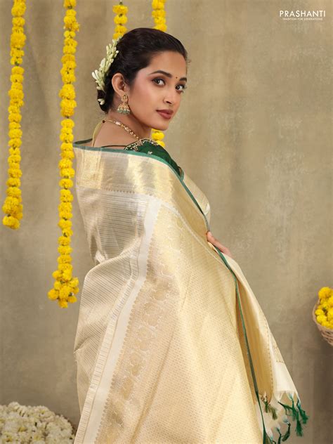 Cream-Green Pure kanchipuram silk saree with silver & gold zari woven ...