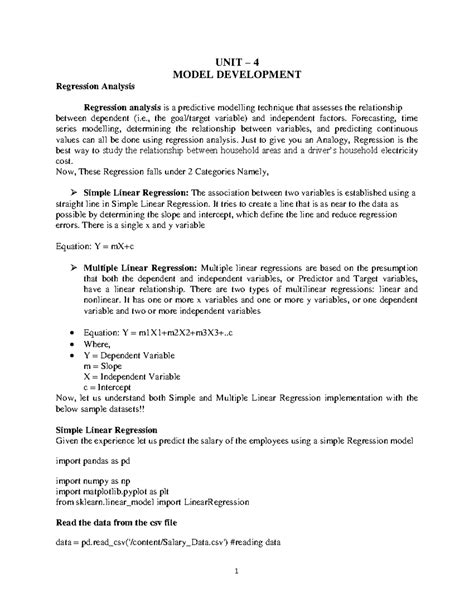 UNIT 4 DSA - Regression Analysis and Model Development - Studocu