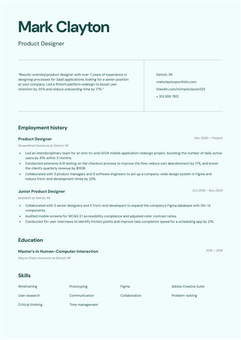 Senior Product Designer Resume Example