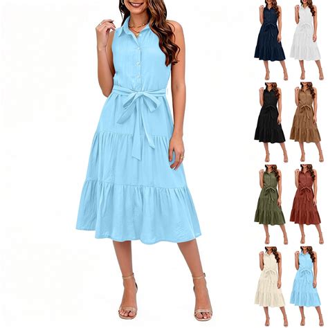 akafmk Summer Fashion Dresses for Women Sleeveless Collared Shirt Dress Button Front Midi Dress ...