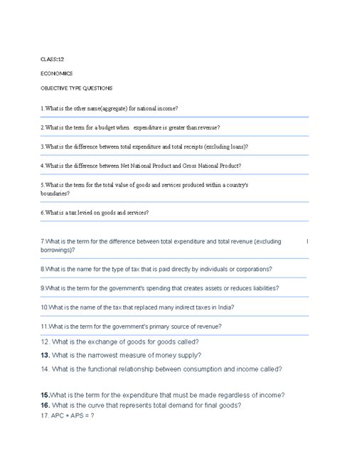 CLASS:12 ECONOMICS OBJECTIVE TYPE QUESTIONS (OTQ) - Studocu