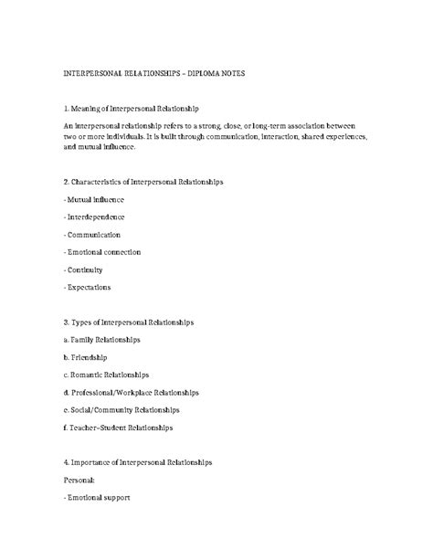 INTERPERSONAL RELATIONSHIPS DIPLOMA NOTES: Key Concepts & Skills - Studocu