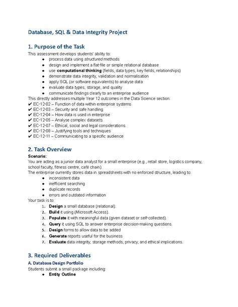 Database Project 1: SQL Data Integrity & Design for Year 12 - Studocu
