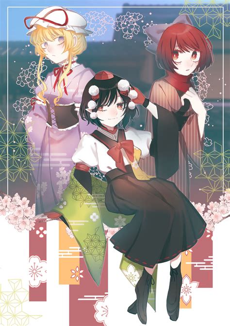 Safebooru - 3girls :/ absurdres alternate costume alternate hair length ...