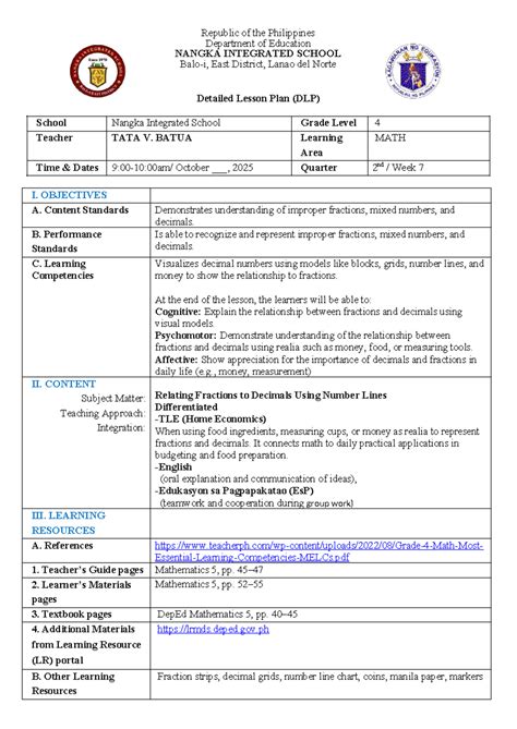 DLP: Grade 4 Math - Relating Fractions to Decimals - Studocu
