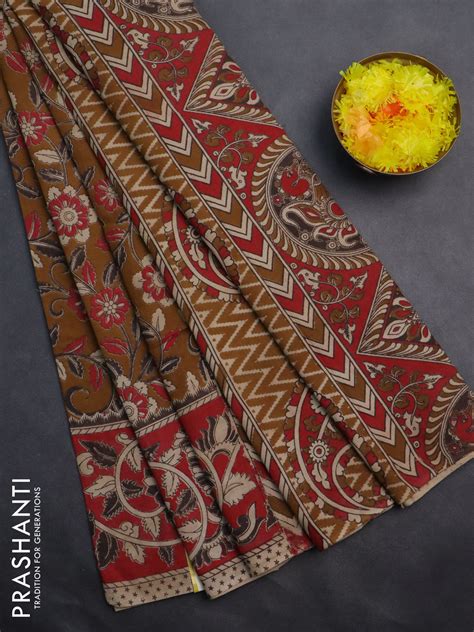 Kalamkari cotton saree dark mustard and red with allover prints and pr ...
