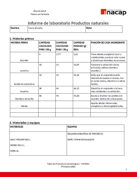 Informe de Laboratorio de Productos Naturales - Taller MCPC01 - Studocu