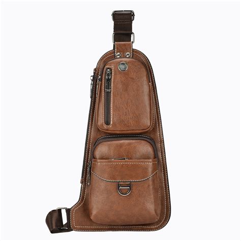 Brown Men Faux Leather Sling Chest Bag Business Casual For Travel Work ...