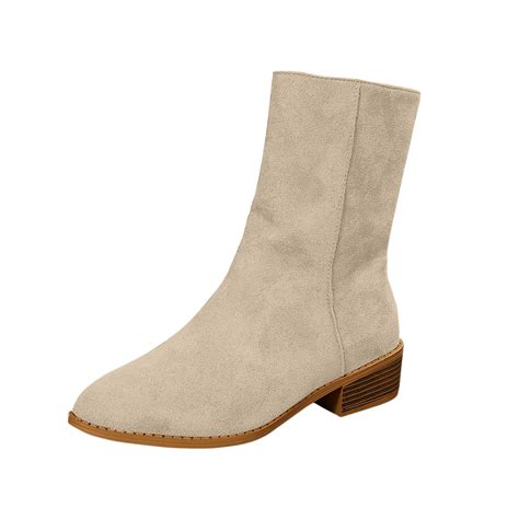 Beige Women'S Winter Ankle Boots Mid Heel Thick Sole Round Toe Fashion ...