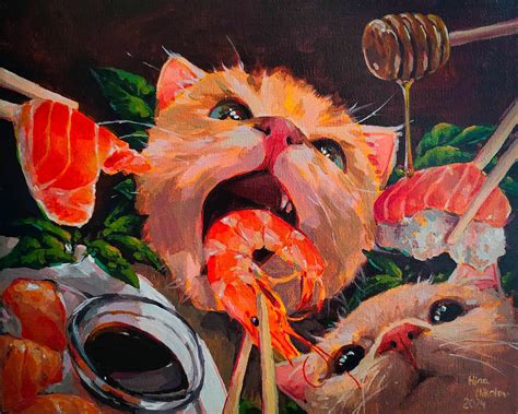 Original Hungry Kitty Cats Eating Sushi Meme / Acrylic Canvas Varnished ...