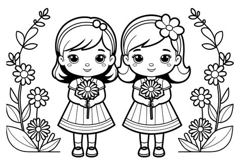 Besplatna slika: Crno-bijeli crtež djevojčica koje drže cvijeće ...